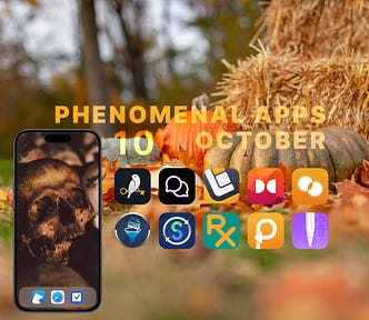 Image of an iPhone with an empty home screen with a wallpaper of a skull in orange color. Ten app icons and the text “Phenomenal Apps 10 October”