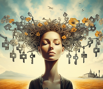 Woman with keys growing from her hair in front of an epic skyline.