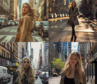 4 images of a fashionable young Blonde woman walking down a city street