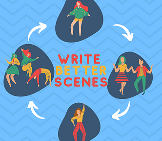 Cover image for Write Captivating Stories on the Scene Level by Aigner Loren Wilson a blue background with zigzag lines. Overlaid are four circles containing people doing various dances with arrows pointing to them creating a cycle. In the center the words ‘Write Better Scenes’.