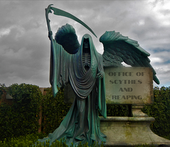 Grim Reaper next to a grave stone. Text reads: Office of Scythes and Reaping