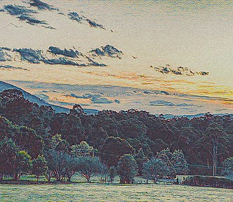 A rural valley at sunrise, facing into the rising sun. In the foreground a grassy paddock; beyond the fence a thick band of trees; in the distance to left and right the bluish slopes of high hills. Isolated cirrus clouds.