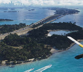 Bird’s eye view of a sunlit area of Leonida Keys from Grand Theft Auto VI, including a single prop plane in the foreground. (Rockstar Games)