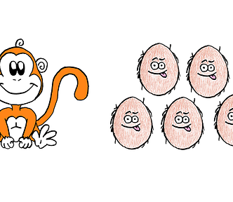 How To Really Solve The Monkey And The Coconuts Puzzle? — An illustrative sketch with a cute monkey sitting like a baby on the left, and five coconuts stacked on top of each other on the right. The coconuts also look cute with goofy looking eyes and their tongues sticking out.