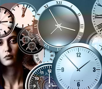 A woman and clock faces