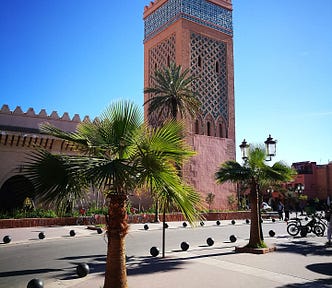 tower at the corner of a walled city in Marrakesh
