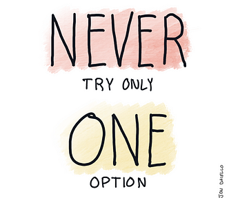 A hand written note saying “Never try only one option” with “never” and “one” highlighted.