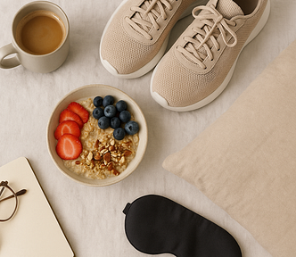 An image showing a healthy breakfast of oatmeal and fruit, a cup of coffee, a pair of shoes, a pillow and a sleep mask next to spectacles.