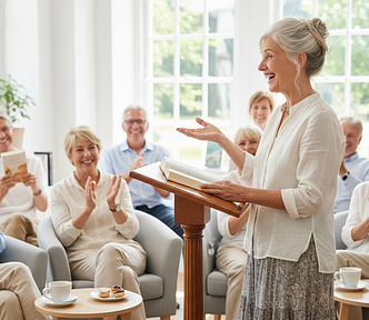 happy writer/author  reading to a small audience of readers (writers stop selling keep connecting