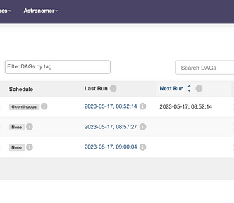 Airflow UI showing the DAGs present in the Airflow Kafka Quickstart repository.