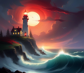 A beautiful painting of a singular lighthouse shining it’s light across a tumultuous sea of blood inspired by Greg Rutkowski, Thomas Kinkade