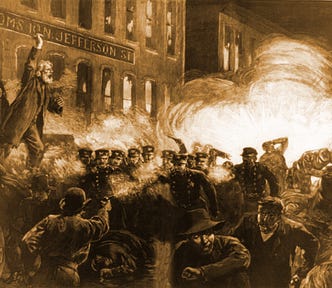 A sepia-toned engraving of a 1920s labor riot, with charging cops, bombs, etc.