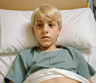 A boy lying in a hospital bed.