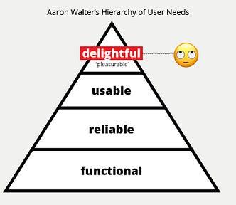 Aaron walter’s pyramid. There are 4 levels to the “hierarchy of user need”. Functional is at the bottom. Then reliable. Then usable. Delightful is at the top. There is an eye rolling emoji next to delightful.