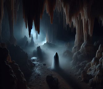 A dark underground cavern with a small shadowy figure in a cloak.