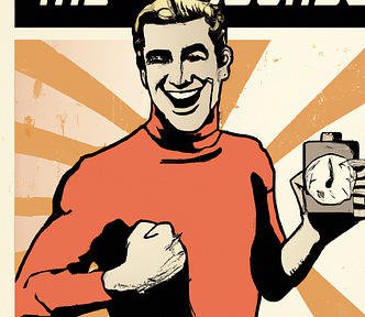 Drawing of a triumphant man with a kitchen timer in his hand, in the style of an ad from the 60s
