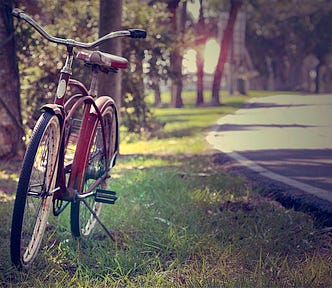 A vintage Schwinn bicycle parked on grass at the edge of a road.