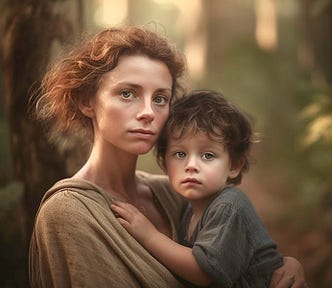 Woman and child standing outdoors surrounded by trees