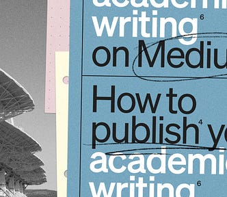 file folders reading ‘how to publish your academic work on medium’ laid against a photo of satellites. the vibe is academic