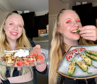 Side-by-side photos featuring the author eating healthy snacks.