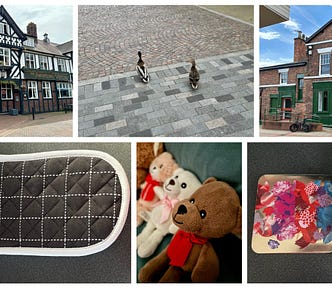 A collage of six photos. Two of buildings in Northwich, Cheshire. One with a pair of ducks in the street.An oven glove. A row of small teddy bears. A tin containing four chocolate brownies.