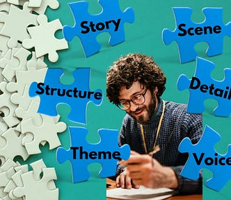 Man writing in front of a writing puzzle with pieces labeled story, structure, scene, theme, detail, and voice.