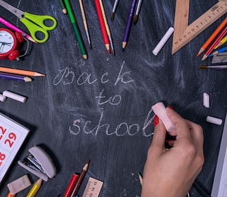 Chalk words Back to School surrounded by a variety of school supplies