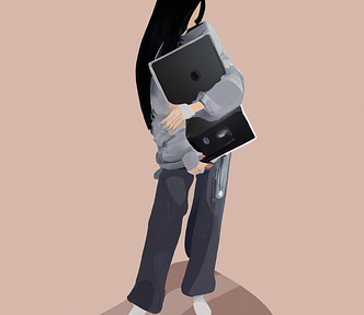 Illustration of a girl holding her laptop in front of her, hugging it as a person