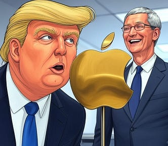 IMAGE: A comic-style illustration with the Idiot-in-Chief, Donald Trump, totally surprised looking at a metallic golden and shiny Apple logo, with Tim Cook laughing in the background
