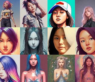 18 AI-generated images of my face showing what looks like 18 different East Asian women, according to Lensa.