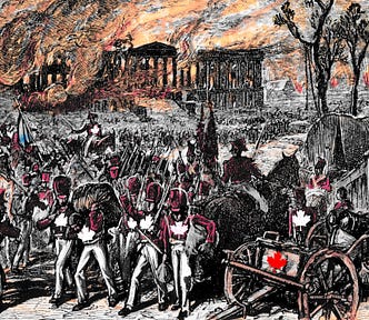 A 19th century painting depicting the burning of the White House during the War of 1812. The white Xes on the soldiers’ uniforms have been replaced with white Canadian maple leaves.