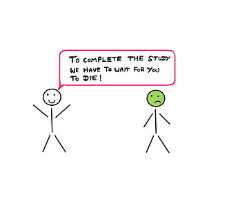 Correlation (II): How To Spot The Surrogate Endpoint Problem? — A cartoon illustration showing two stick figures. On the left, a happy stick figure says, “To complete the study, we have to wait for you to die!” On the right, a sad stick figure with a green face seems uncomfortable with the conversation.