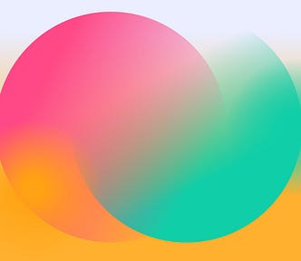Two interlocking gradient circles (the left is pink-to-orange and the right is lavender-to-green). on a lavendar-to-orange gradient background