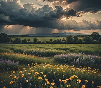Passing storm cloud with rays of sunshine peeking through over fields of flowers
