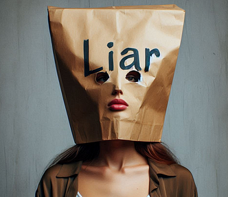 Image of a woman with a brown paper bag on her head that reads “Liar”