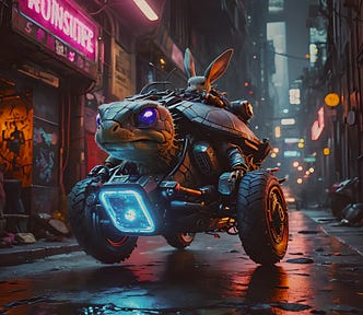 Picture of a rabbit riding a robot turtle as if in a race.