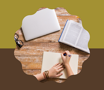 A computer, pair of glasses, and open book lay in front of someone writing in a journal. Cover image for Books to Read Before Starting a Novel