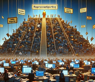 An image showing a mountain of reports leading up to a golden statue at the top, symbolizing the golden reports and reprocrastiporting challenge.