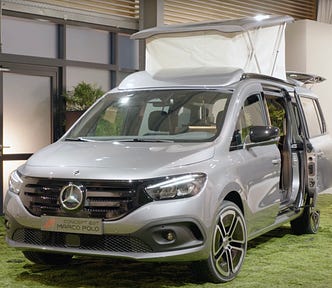 A front view of the Mercedes Benz EQT Marco Polo Camper Concept.