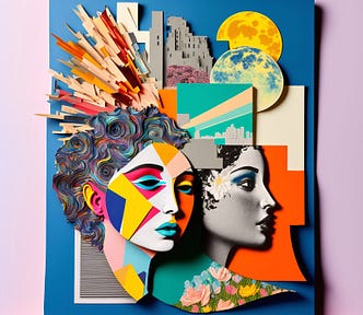 Abstract, colourful  collage of a woman‘s face generated by AI