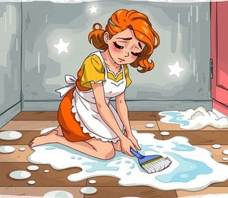 Image shows a cartoon-like image of a sad woman sitting in a puddle of soap water, washing the floor.