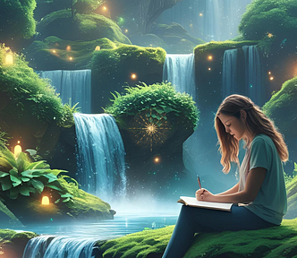 A woman sitting by a magical waterfall plans to quit five habits and writes about it in a journal