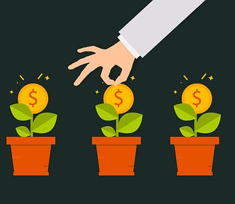 illustration of money growing in three plant pots with a hand picking some money from the middle pot
