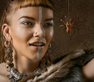 A delighted woman admires a spider.