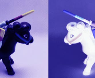 Photo of a wind-up toy horse, shown as a black version and a white version.