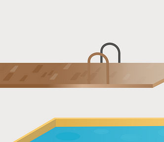 An illustration of a springboard with the texture of a road hovers above a bright-blue pool