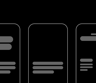 Three phone screens showing text as gray boxes. We get a sense of the layout, but there are no words.