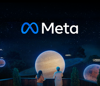 Two people stand in space, facing the solar system, within a metaverse environment.