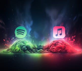 Spotify and Apple Music logos above swirling colored clouds
