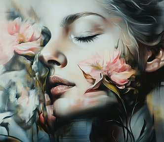 A dreamy portrait of a woman with closed eyes, her face merging with soft flowers, capturing elegance and vulnerability in painterly strokes.